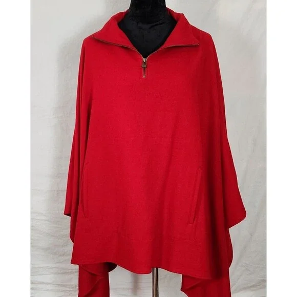 ST JOHNS BAY Wool Blend Cape 1/4 Zip Poncho Sweater One Size Red Pockets - Picture 1 of 11